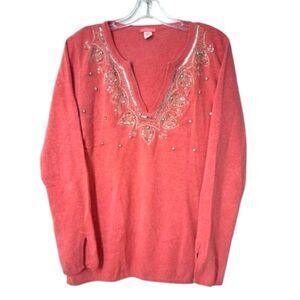 Glam Souls Cashmere Sweater Wool Blend Embellished Paisley Tunic Orange L